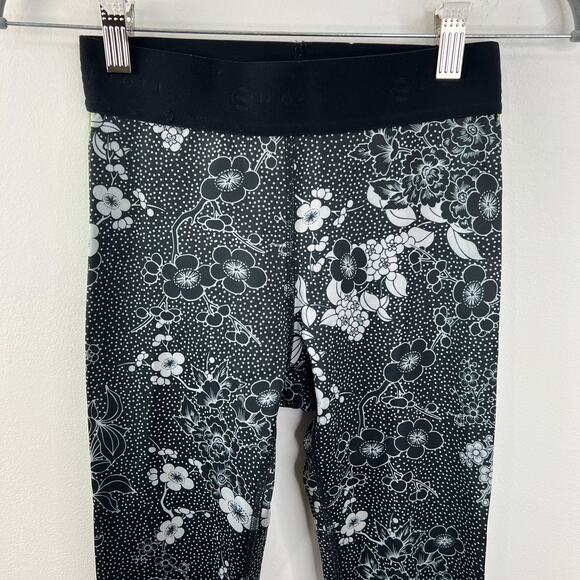 NOLI Black White Floral Green Side Stripe 7/8 Length Leggings Tights Yoga USA S - Picture 2 of 6